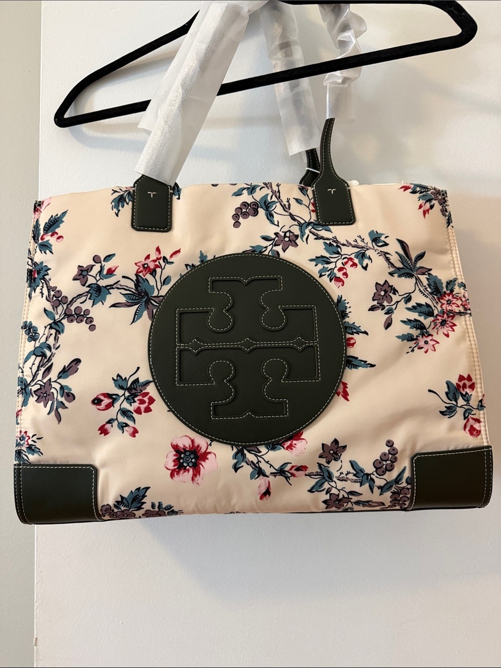 Floral Canvas Tote with Dark Olive Trim